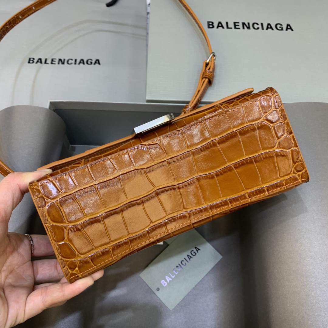 Balenciaga Hourglass XS Handbag Crocodile Embossed Shoulder Bag Brown